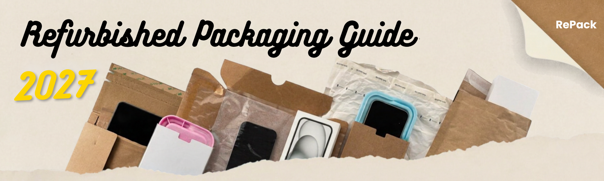 Guide 2027 cover showing six phone packaging formats, including cardboard mailers, a retail box and plastic trays, lined up behind torn paper.