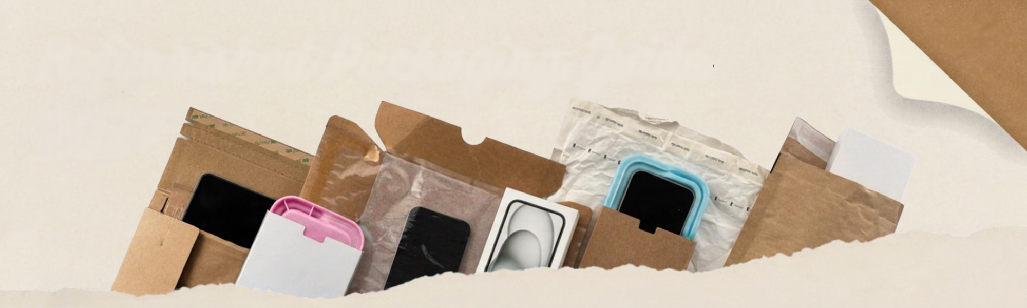 Refurbished smartphone packaging formats arranged behind torn paper.