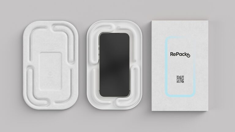 RePack Sales Pack components: a moulded paper-pulp tray, a tray holding a smartphone, and a branded outer sleeve with a QR code