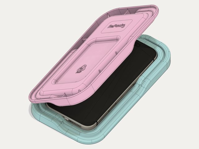 Offenes rosa-blaues Tray mit einem Telefon darin
